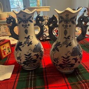 Vintage blue and white formalities by Baum vase pair